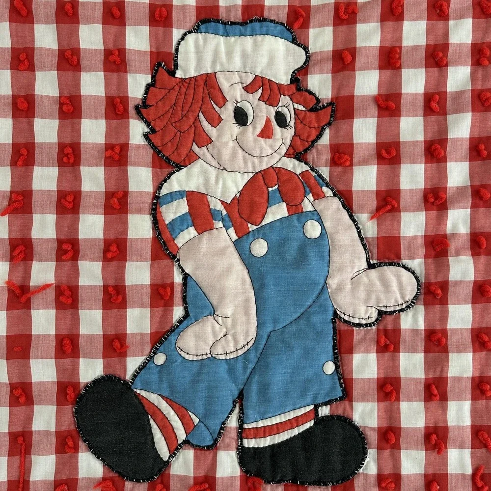 Vintage Raggedy Ann Quilt Baby Red Gingham Checkered Puffy Applique Handmade‎